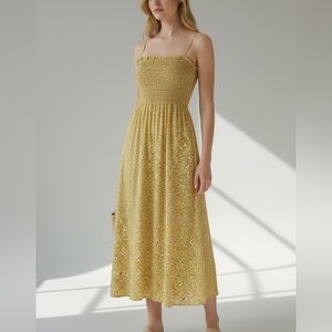 RESA Yellow Floral Smocked Midi Dress w Spaghetti Straps, Size Small